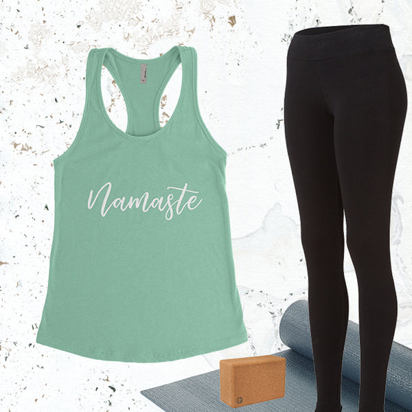 Namaste - Mint - White Letters - Fitness Workout Tank - Motivation
